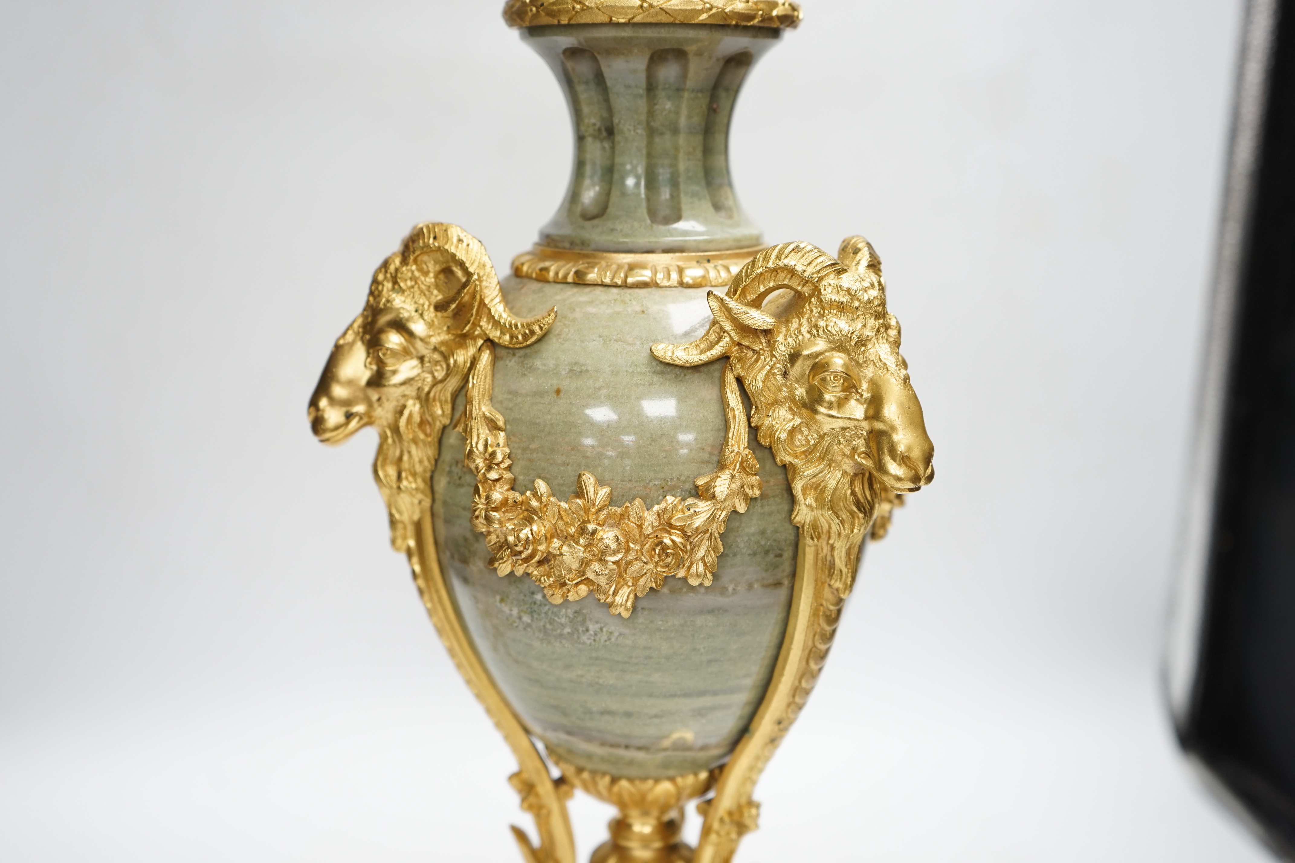 A Louis XVI style ormolu mounted ram’s head table lamp, 52cm.